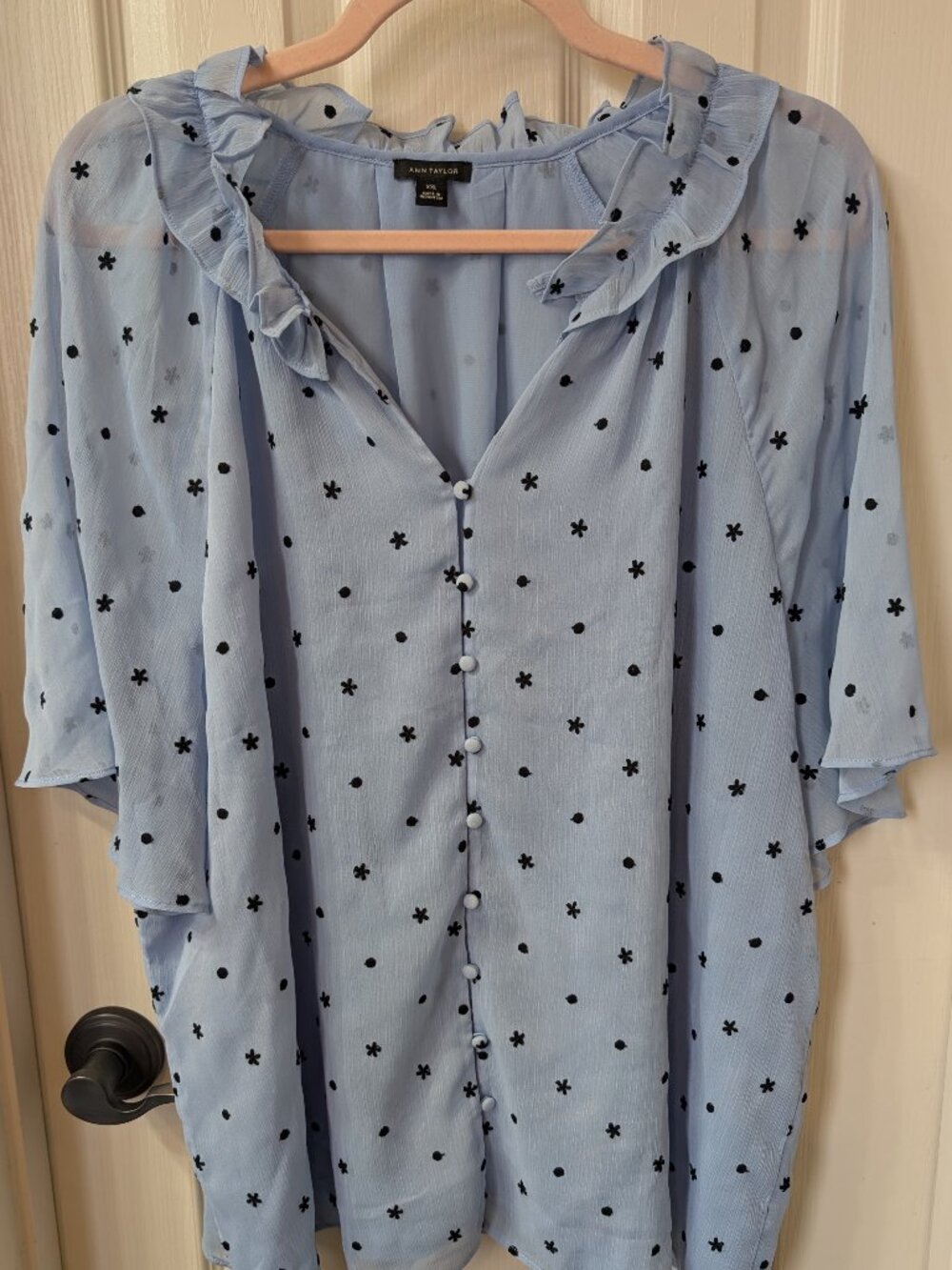 Ann Taylor Blue Star Chiffon Work Blouse Sheer Sleeves Size XXL
